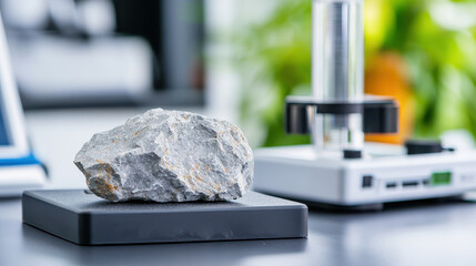 Rock sample placed on scale in laboratory setting, showcasing scientific equipment and green background