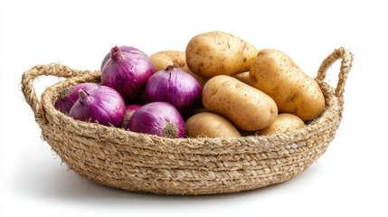 Rustic basket holding onions and potatoes, showcasing vibrant colors and natural textures, perfect for culinary settings