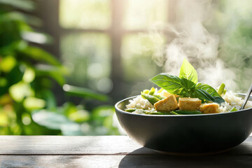 Steaming vegan green curry with tofu and fresh basil served in bowl, surrounded by lush green background
