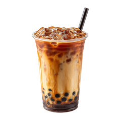 Iced boba tea in a clear plastic cup, filled with creamy tea, ice cubes, and dark tapioca pearls at the bottom, isolated on a white background, highlighting its refreshing and trendy appearance.