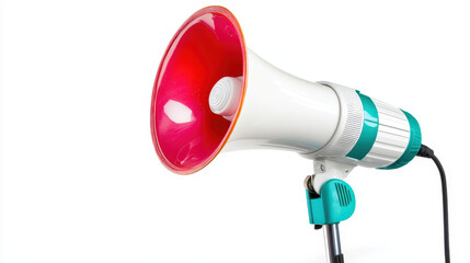 Vibrant megaphone with red interior and teal accents, perfect for amplifying sound in various settings
