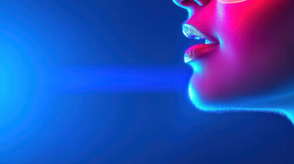 Close up of person lips emitting sound waves in vibrant blue and pink lighting, creating dynamic visual effect
