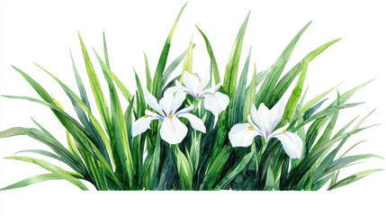 Watercolor botanical illustration of white flowers and green leaves, showcasing nature beauty and tranquility