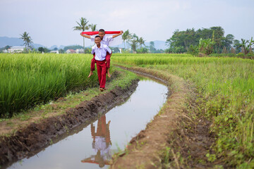 Indonesian Elementary School Boy Giving His Friend Piggyback Ride In Rice Field While Holding Flag