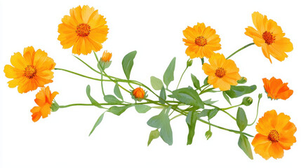 Watercolor botanical illustration of vibrant orange flowers with green leaves, showcasing natural beauty and elegance