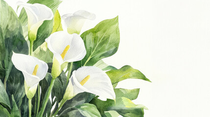 Watercolor botanical illustration of elegant white calla lilies surrounded by lush green leaves, evoking serene and fresh