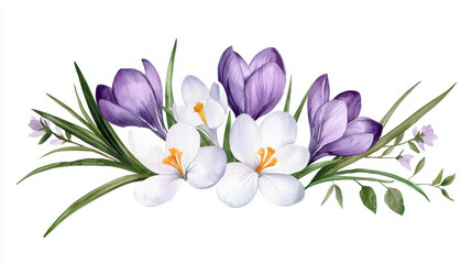 Watercolor botanical illustration of crocus flowers in purple and white, showcasing delicate petals and vibrant colors