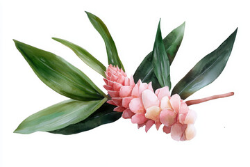 Watercolor botanical illustration of pink flower with green leaves, showcasing delicate details and vibrant colors