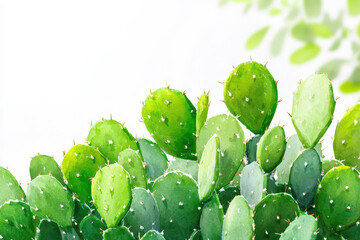 Watercolor botanical illustration of green cactus leaves, showcasing their unique shapes and textures, evokes sense of nature