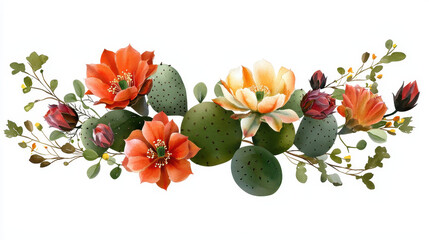 Watercolor botanical illustration featuring vibrant flowers and green cacti, creating lively and colorful composition