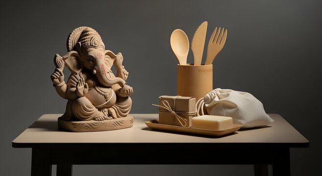 Clay idol of Lord Ganesha with wooden utensils on a simple table - Concept of Indian Ganesh Chaturthi  