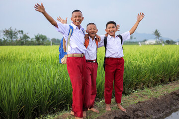 Indonesian Elementary School Boys Happily Cheering And Raising Their Hands In Rice Field