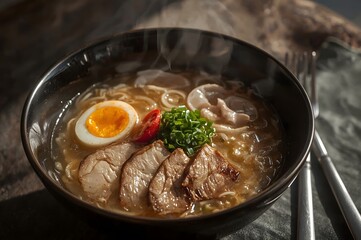 Steaming bowl of delicious ramen noodles with pork slices and egg
