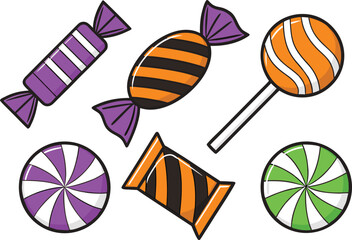 Halloween candy set illustration with colorful sweet treats. Creative Halloween candy set design in festive theme. Hand drawn Halloween candy set in bright fun style. Decorative Halloween candy set