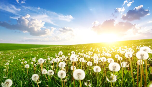 Lush meadow blanketed in dandelions under a vibrant sunset sky
