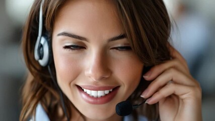 Dedicated Customer Service: A close-up shot of a smiling customer service representative, she provides support with a headset in a bright and inviting setting, conveying dedication, approachability.
