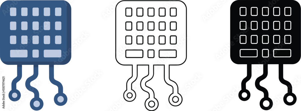 Poster set of isolated ai computer chip icons shown in three unique graphic styles.
