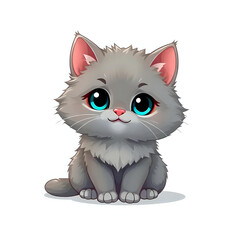Cute Fluffy Adorable Grey Cat Isolated on White Background