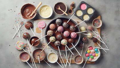 An overhead view of a cake pops making station Melted chocolate