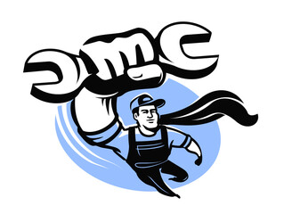 Mechanic worker with wrench is flying. Repair and construction works emblem. Technician, engineer, repairman, builder