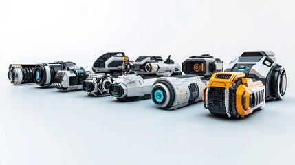 3d render lineup of sci-fi gadgets on white background