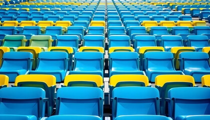 Fototapeta premium Close-up symmetrical view of vibrant blue and yellow tennis court seating, emphasizing clean design and sunlight reflections. 