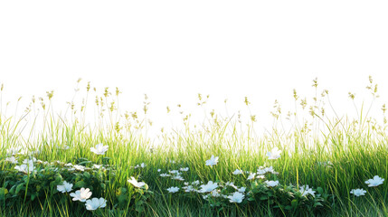 Fresh green grass with colorful blooming wildflowers in natural meadow setting, isolated on white background
