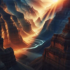 Canyon at Dawn A deep canyon with layers of rock illuminated by