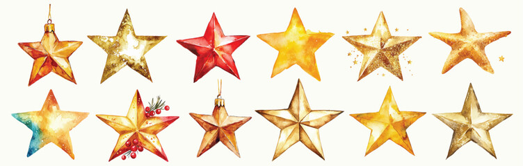 Watercolor set with stars shiny gold Christmas decoration winter starry yellow stars. New year toy collection. Festive decor, party and celebration symbol, Xmas tree top decoration