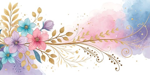 Luxurious golden floral banner with shiny flowers and twigs, featuring watercolor pink, blue, and lilac spots on a white background, elegant vector wallpaper perfect for invitations and branding
