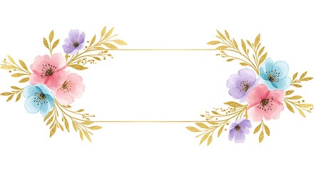 Luxurious golden floral banner with shiny flowers and twigs, featuring watercolor pink, blue, and lilac spots on a white background, elegant vector wallpaper perfect for invitations and branding