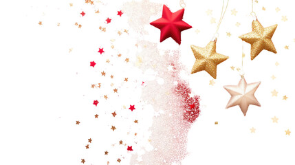 Sparkling golden and glitter Christmas stars decoration for festive holiday celebrations, isolated on white background
