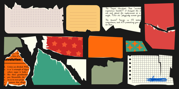 Vintage collage torn note papers with patterns - ripped orange sheets, handwritten journal pages, tape and strip scraps, graph paper pieces for creative scrapbook layouts or mood board designs.