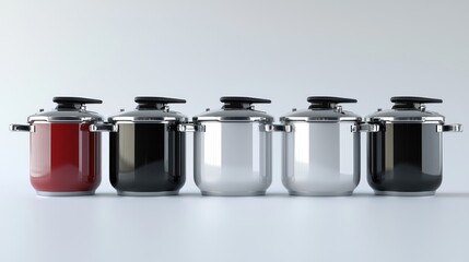3d render lineup of pressure cookers on white background