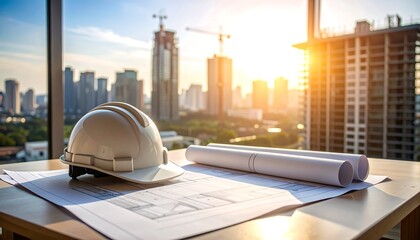 Construction blueprints on a table, overlooking a city skyline at sunset