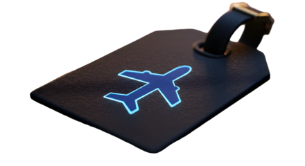 Dark Luggage Tag with Blue Airplane Icon on Transparent Background