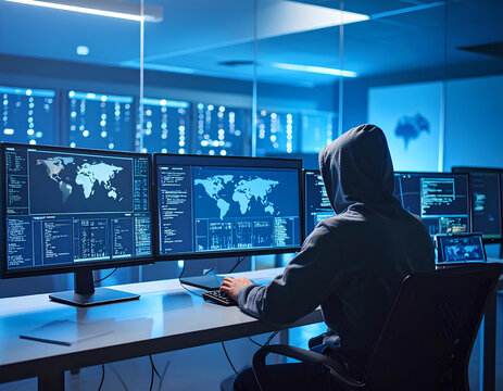 Cybersecurity hacker in hoodie analyzing data on multiple screens in dark room. 