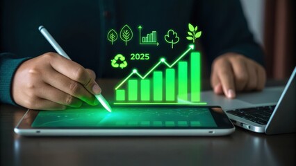business man drawing graph on screen