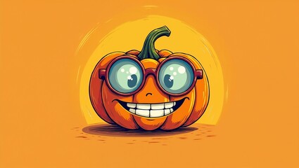 Funny cartoon pumpkin with glasses on orange background