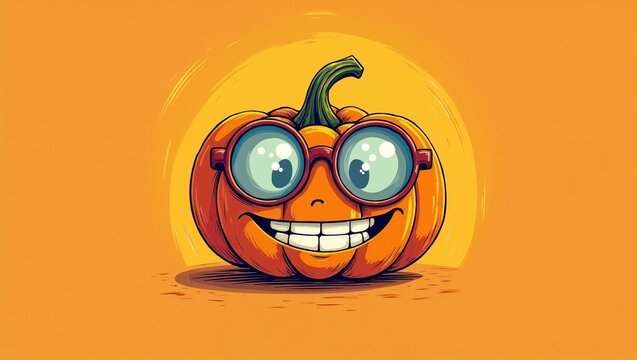 Funny cartoon pumpkin with glasses on orange background