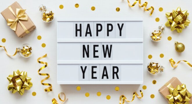 A lightbox displays "Happy New Year" surrounded by gold gifts, confetti, and ribbons.