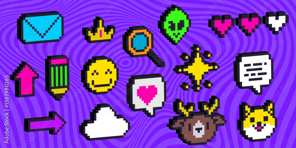 Fototapete Pixel art 3d emoticon icons set - various digital elements for messaging, social media interface design. Retro gaming style graphics with chat bubbles, symbols, cute characters and communication tools