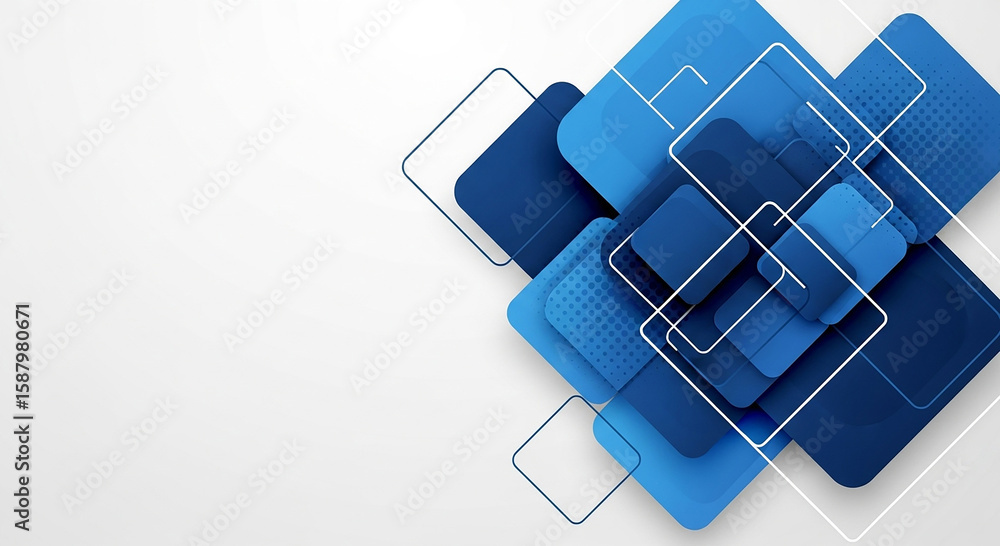 Poster abstract blue squares with rounded corners and white outlines overlap on a light grey background cre