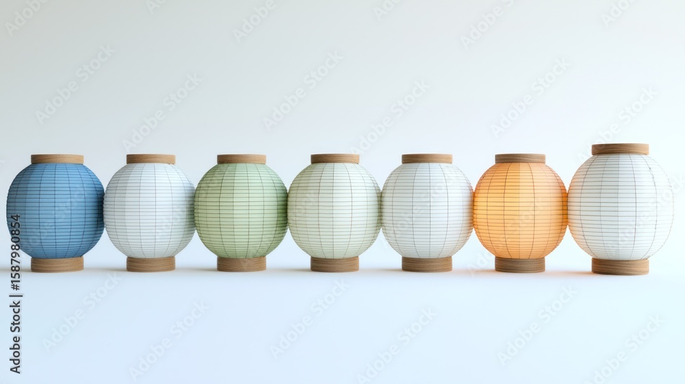 Poster 3d render lineup of paper lanterns on white background