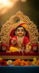 Fototapeta premium Golden Statue of Krishna on Ornate Throne with Peacock Feather