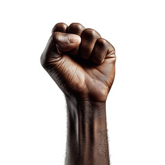 A powerful clenched fist of African descent isolated on a white background, symbolizing strength, resilience, and determination. The hand is captured in sharp detail, highlighting the skin texture.