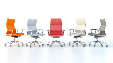 3d render lineup of office chairs on white background