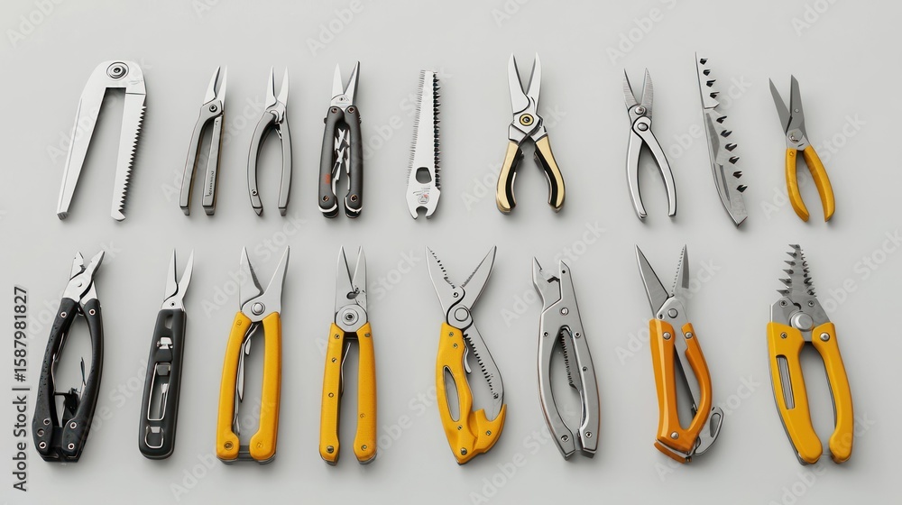 Poster 3d render lineup of multitools on white background