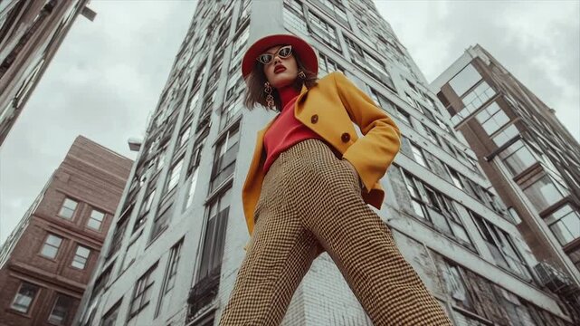 Stylish woman in vibrant yellow jacket and patterned pants poses against modern city backdrop, low angle shot