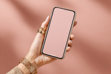 Woman holding smartphone with pink screen on pink background
